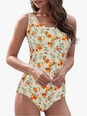 Floral Scoop Neck One-Piece Swimsuit - Cream with Orange Flowers